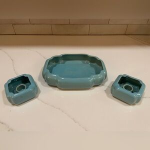 Rosemeade Blue Console Set Bowl and Two Candleholders